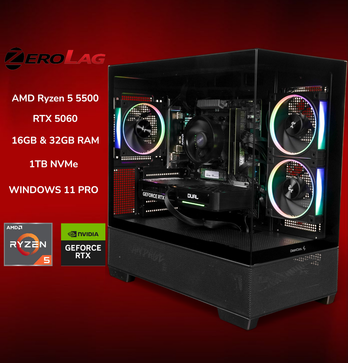 ZeroLag Gaming PC RTX 5060 & Ryzen 5 5500 16GB RAM 1TB SSD