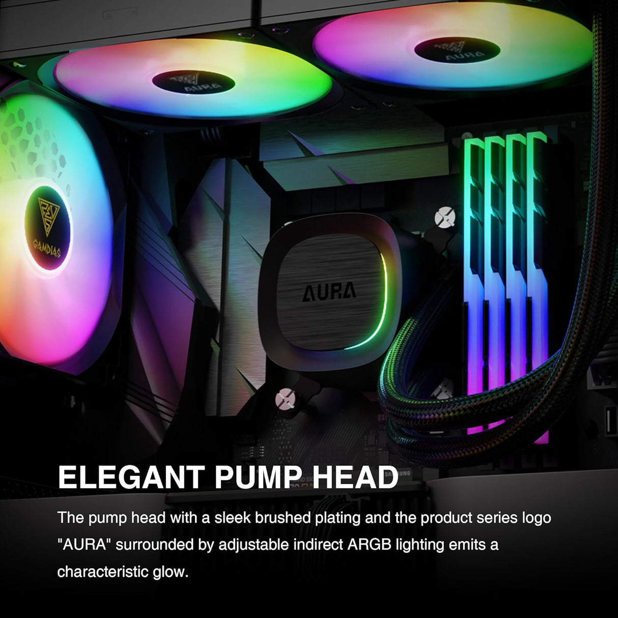 GAMDIAS AURA GL240 V2 AIO, 240mm CPU Liquid Cooler, Easy Cable Routing Design, Rotatable Performance Pump, 2 x 120mm Low-Noise PWM ARGB Fan w/ MB Sync, AMD AM5/AM4;Intel LGA 1851/1700/115x/1200, Black
