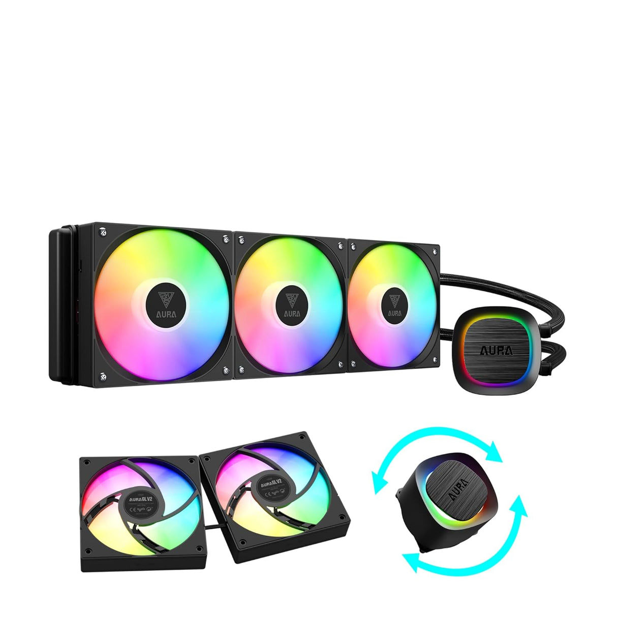 GAMDIAS AURA GL360 V2 AIO, 360mm CPU Liquid Cooler, Easy Cable Routing Design, Rotatable Performance Pump, 3 x 120mm Low-Noise PWM ARGB Fan w/ MB Sync, AMD AM5/AM4；Intel LGA 1851/1700/115x/1200, Black