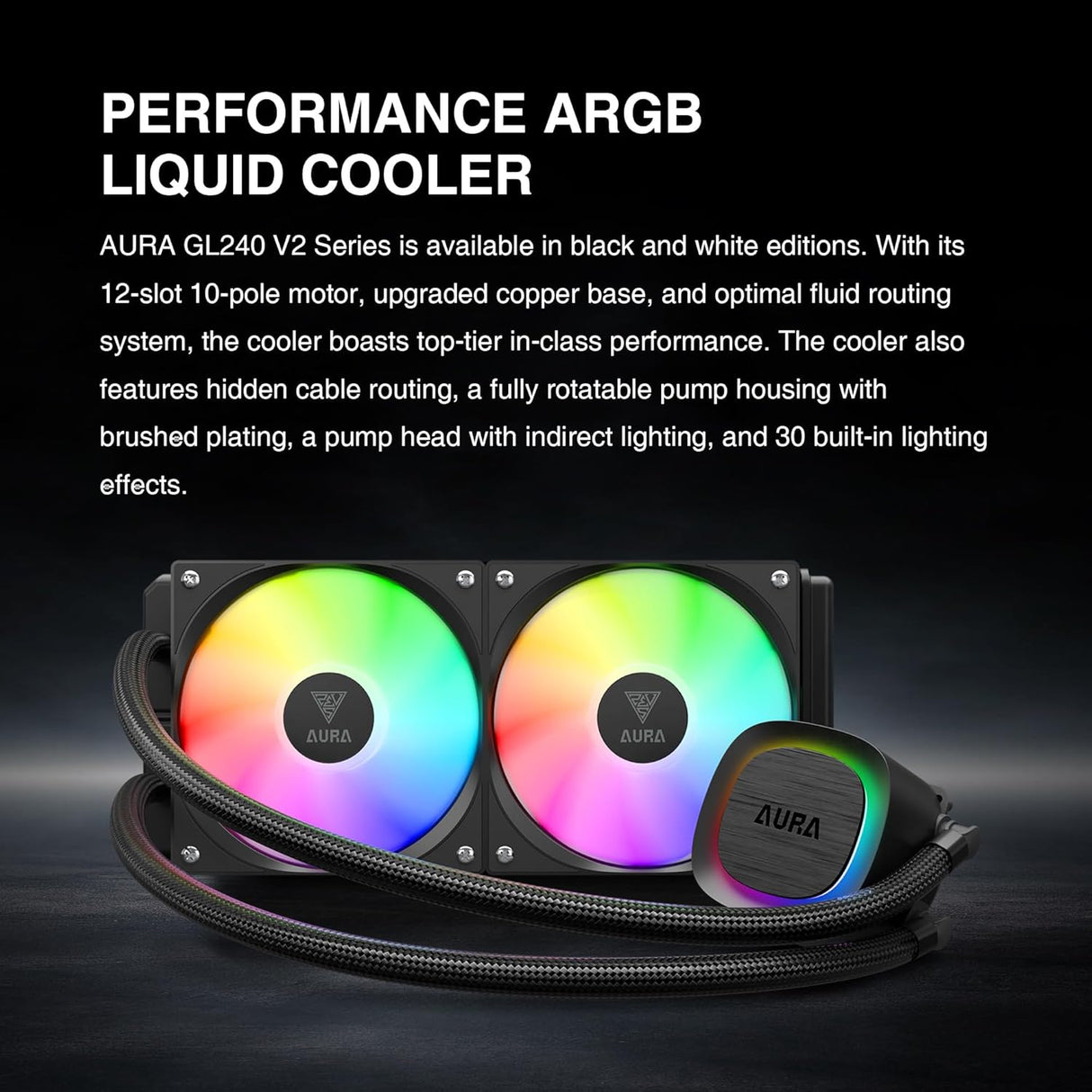 GAMDIAS AURA GL240 V2 AIO, 240mm CPU Liquid Cooler, Easy Cable Routing Design, Rotatable Performance Pump, 2 x 120mm Low-Noise PWM ARGB Fan w/ MB Sync, AMD AM5/AM4；Intel LGA 1851/1700/115x/1200, Black