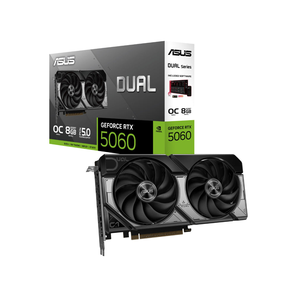 ASUS Dual GeForce RTX 5060 8GB GDDR7 OC Edition (PCIe 5.0, 8GB GDDR7, DLSS 4, HDMI 2.1b, DisplayPort 2.1b, 2.5 slot design, Axial tech fan design, 0dB technology, and more)